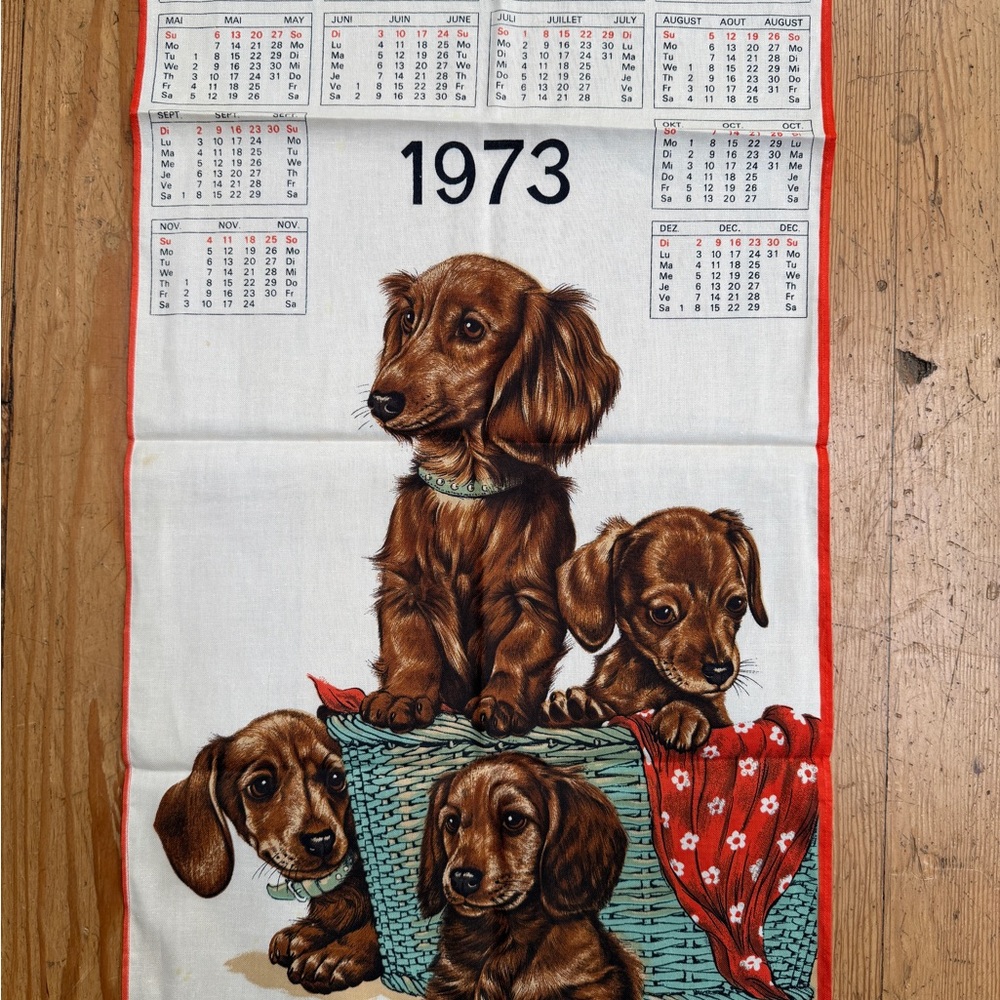Vintage 1973 Dachshund Calendar Towel by Fisba Stoffels of Switzerland